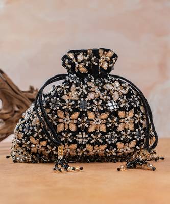 Jet black embroidered velvet potli bag 1