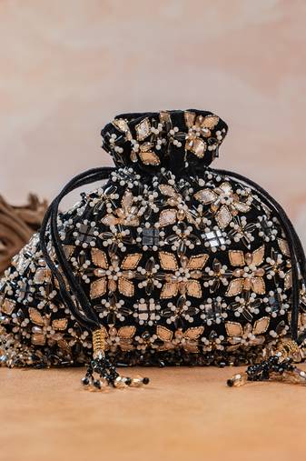 Jet black embroidered velvet potli bag