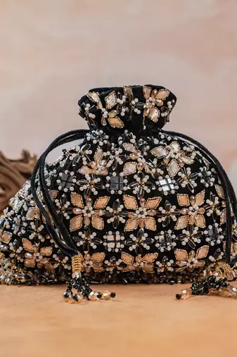 Jet black embroidered velvet potli bag