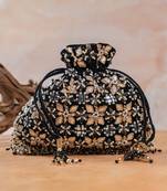 Jet black embroidered velvet potli bag