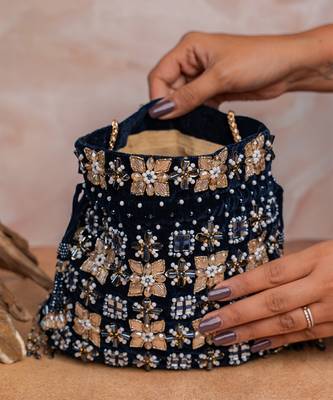 Jet black embroidered velvet potli bag 2