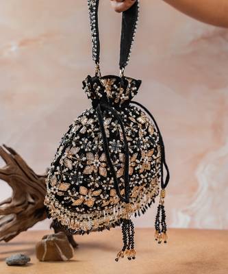 Jet black embroidered velvet potli bag 3