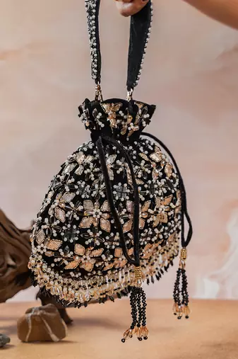 Jet black embroidered velvet potli bag