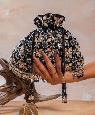 Jet black embroidered velvet potli bag 4