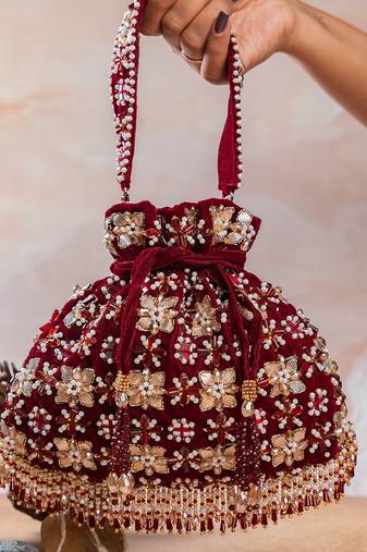 Red embroidered velvet potli bag
