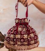 Red embroidered velvet potli bag