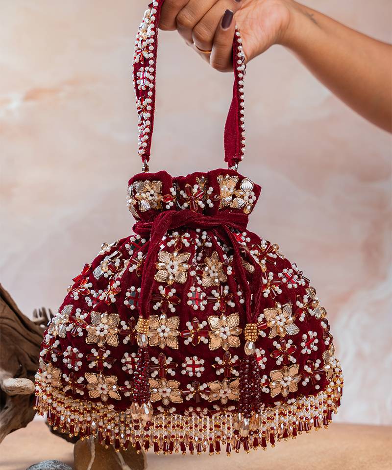 Red embroidered velvet potli bag