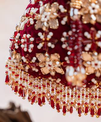 Red embroidered velvet potli bag 2
