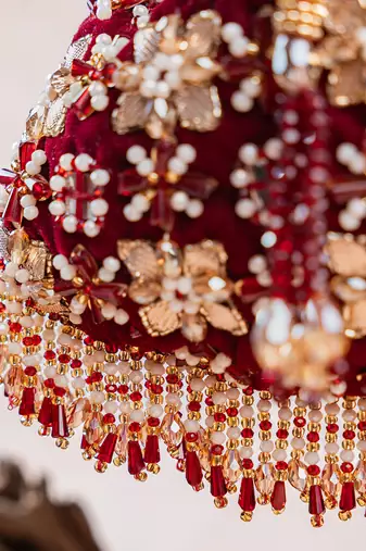 Red embroidered velvet potli bag