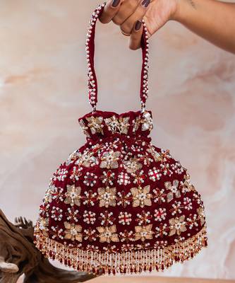 Red embroidered velvet potli bag 3