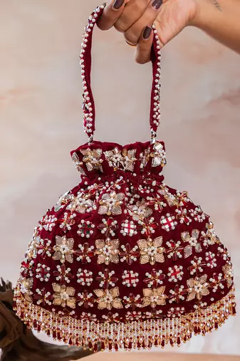 Red embroidered velvet potli bag