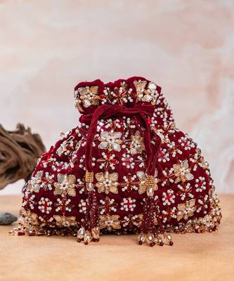 Red embroidered velvet potli bag 4