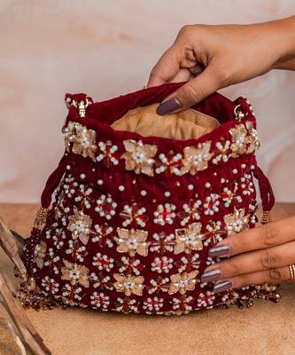 Red embroidered velvet potli bag 5