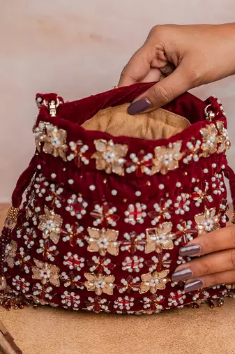 Red embroidered velvet potli bag
