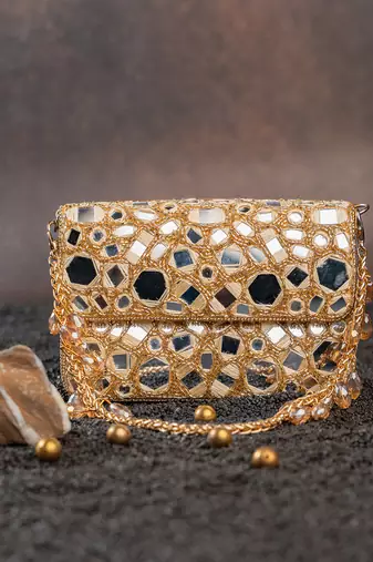 Gold mirror embroidered silk clutch