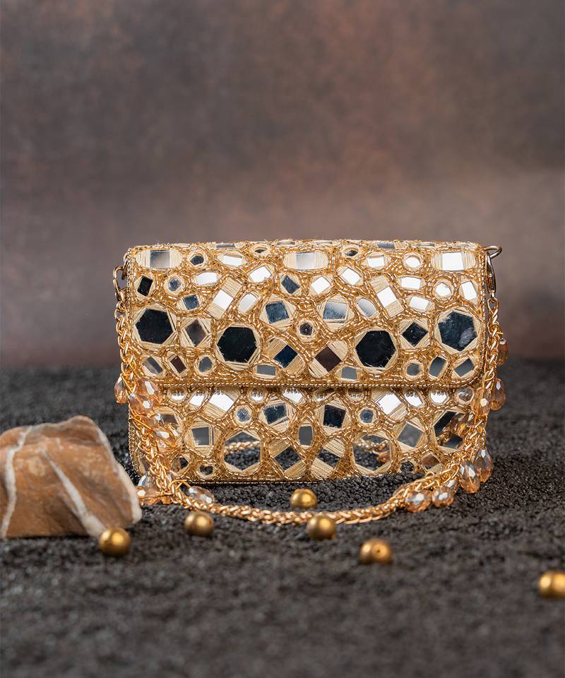 Gold mirror embroidered silk clutch
