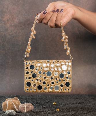 Gold mirror embroidered silk clutch 2