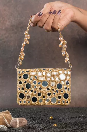 Gold mirror embroidered silk clutch
