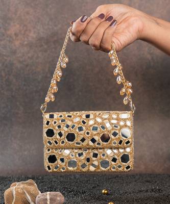 Gold mirror embroidered silk clutch 3