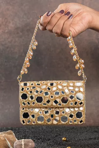 Gold mirror embroidered silk clutch