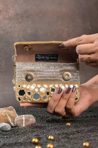 Gold mirror embroidered silk clutch