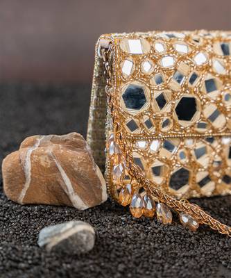 Gold mirror embroidered silk clutch 5