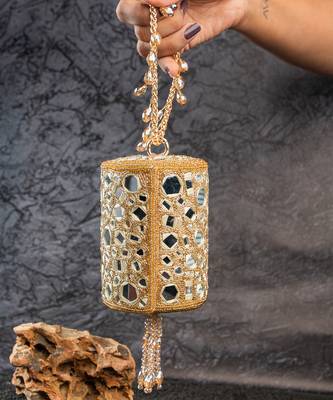 Gold mirror embroidered silk cylindrical bag 1