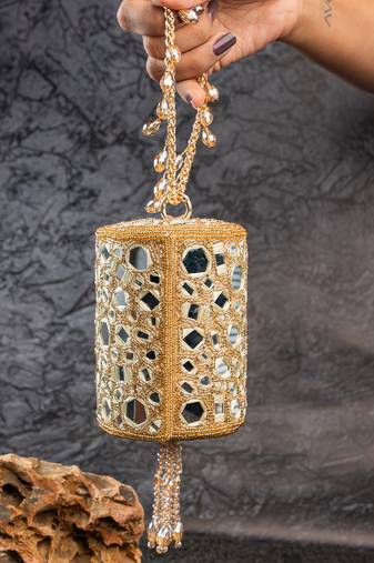 Gold mirror embroidered silk cylindrical bag