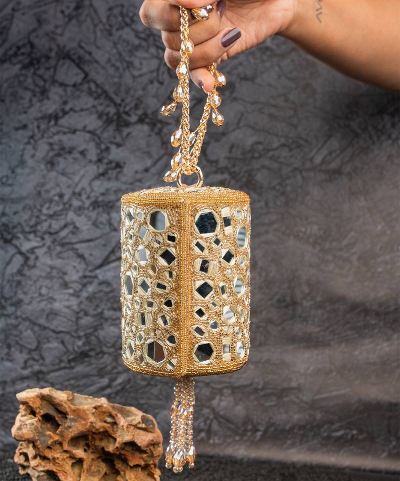 Gold mirror embroidered silk cylindrical bag