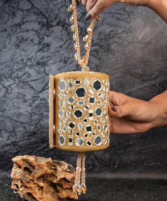 Gold mirror embroidered silk cylindrical bag 2