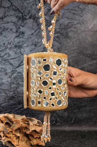 Gold mirror embroidered silk cylindrical bag