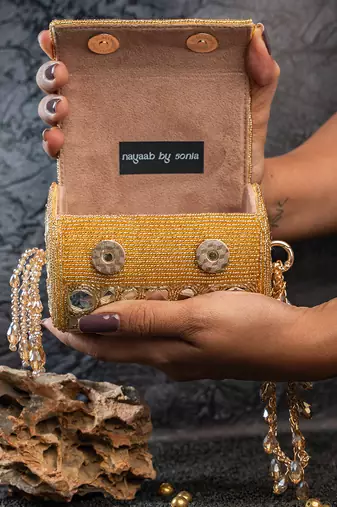 Gold mirror embroidered silk cylindrical bag