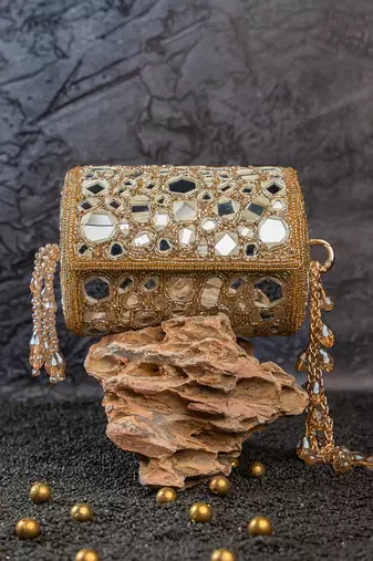 Gold mirror embroidered silk cylindrical bag