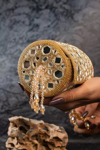 Gold mirror embroidered silk cylindrical bag