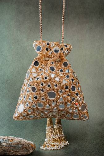 Gold mirror embroidered silk potli bag