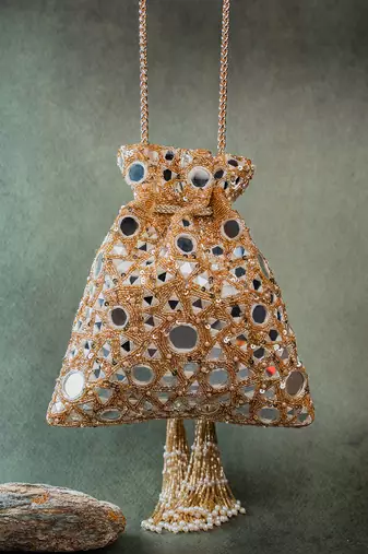 Gold mirror embroidered silk potli bag