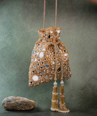 Gold mirror embroidered silk potli bag 2