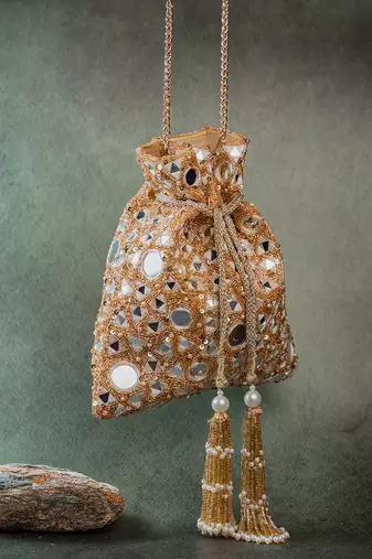 Gold mirror embroidered silk potli bag