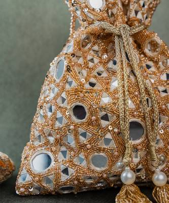 Gold mirror embroidered silk potli bag 3