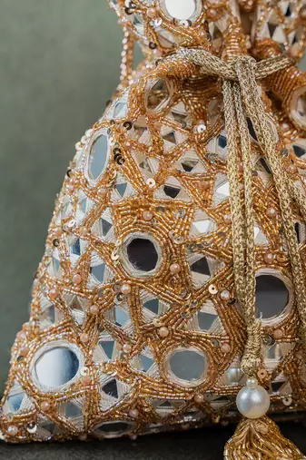 Gold mirror embroidered silk potli bag