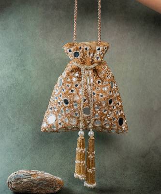 Gold mirror embroidered silk potli bag 4