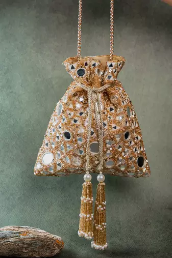 Gold mirror embroidered silk potli bag
