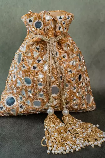 Gold mirror embroidered silk potli bag