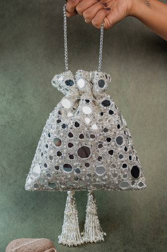 Silver mirror embroidered silk potli bag