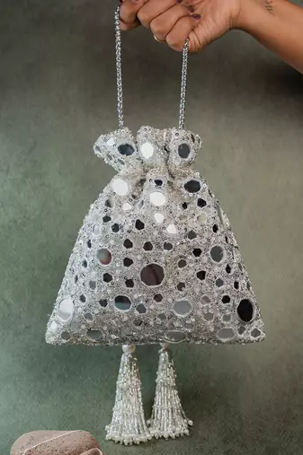 Silver mirror embroidered silk potli bag