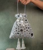 Silver mirror embroidered silk potli bag
