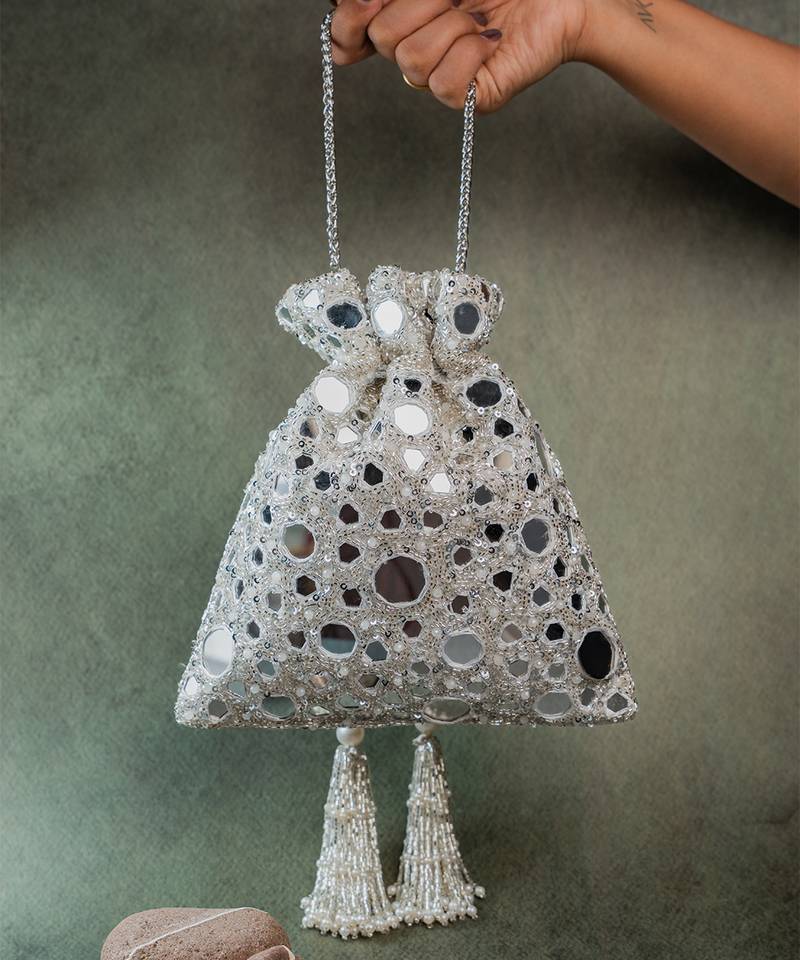 Silver mirror embroidered silk potli bag
