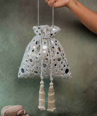 Silver mirror embroidered silk potli bag 2