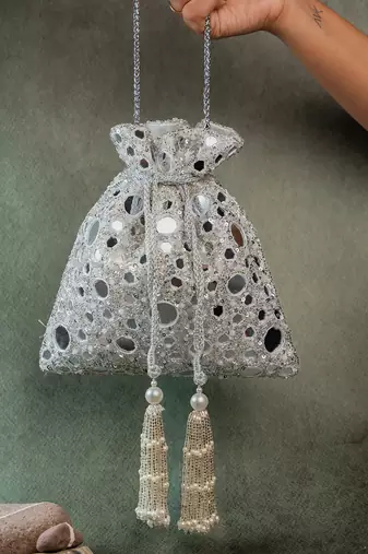 Silver mirror embroidered silk potli bag