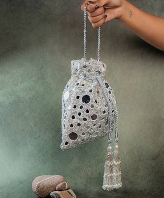 Silver mirror embroidered silk potli bag 3
